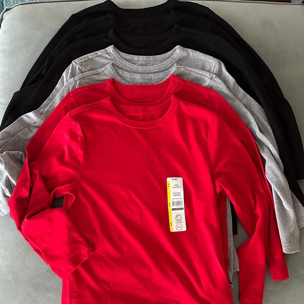 Lot of 7 Wonder Nation Kids Long Sleeve Tees - Red, Gray, Black size 8